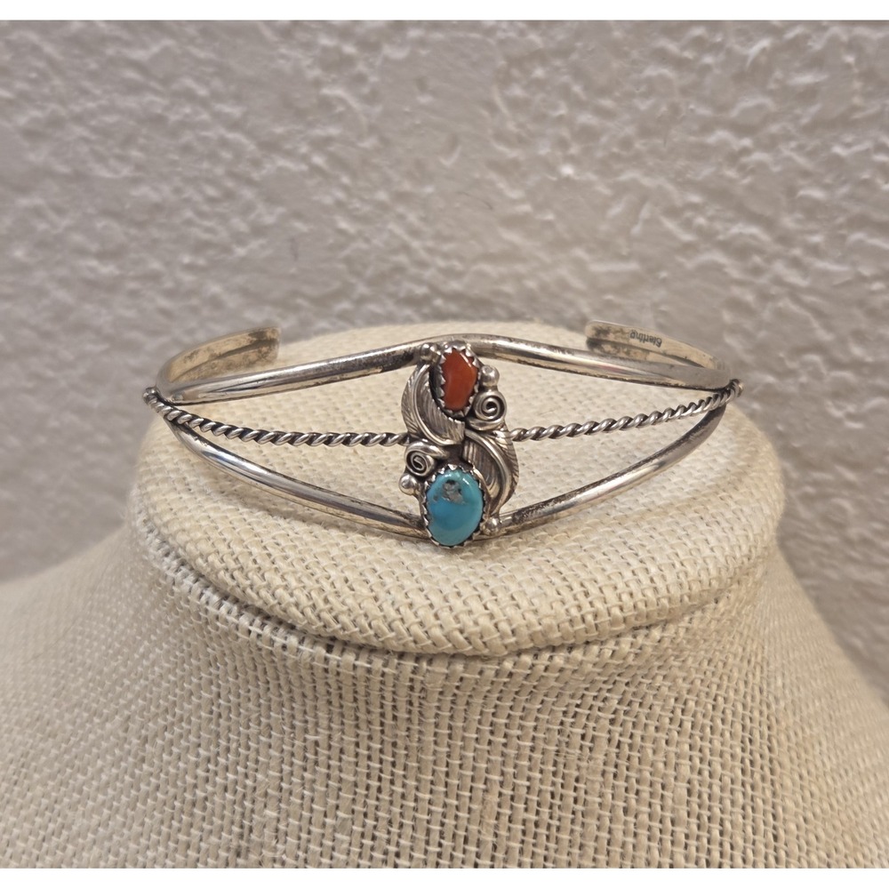 Vintage Navajo Sterling Silver Turquoise & Coral Floral Cuff Bracelet 7"